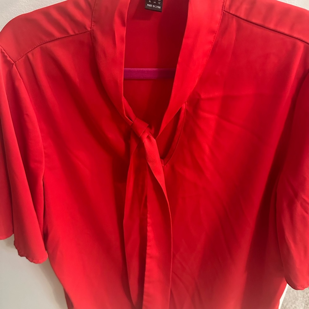 Vibrant Red Blouse with Tie Neck